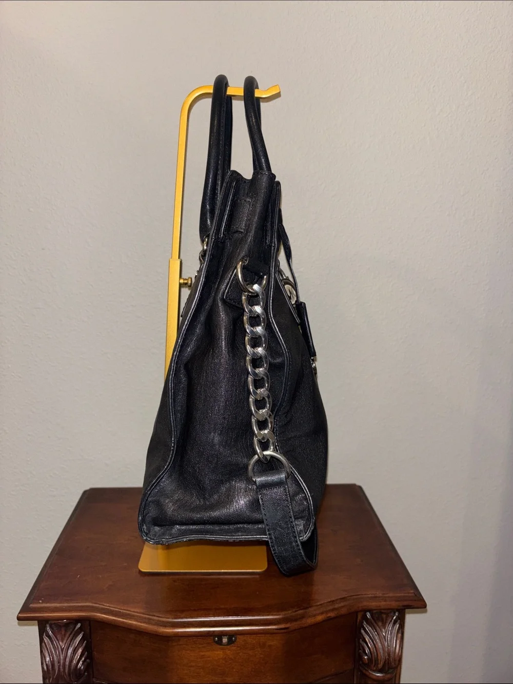 Michael Kors Black Leather Satchel with Silver Chain Accents